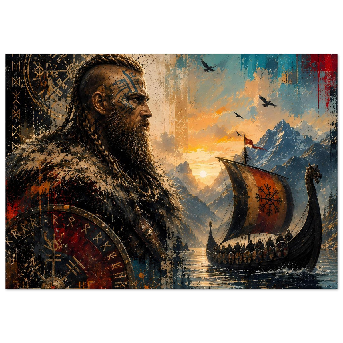 Saga-Poster: Langschiff zwischen Bergen, Ruderschilde am Boot, Wikinger mit Runenansätzen