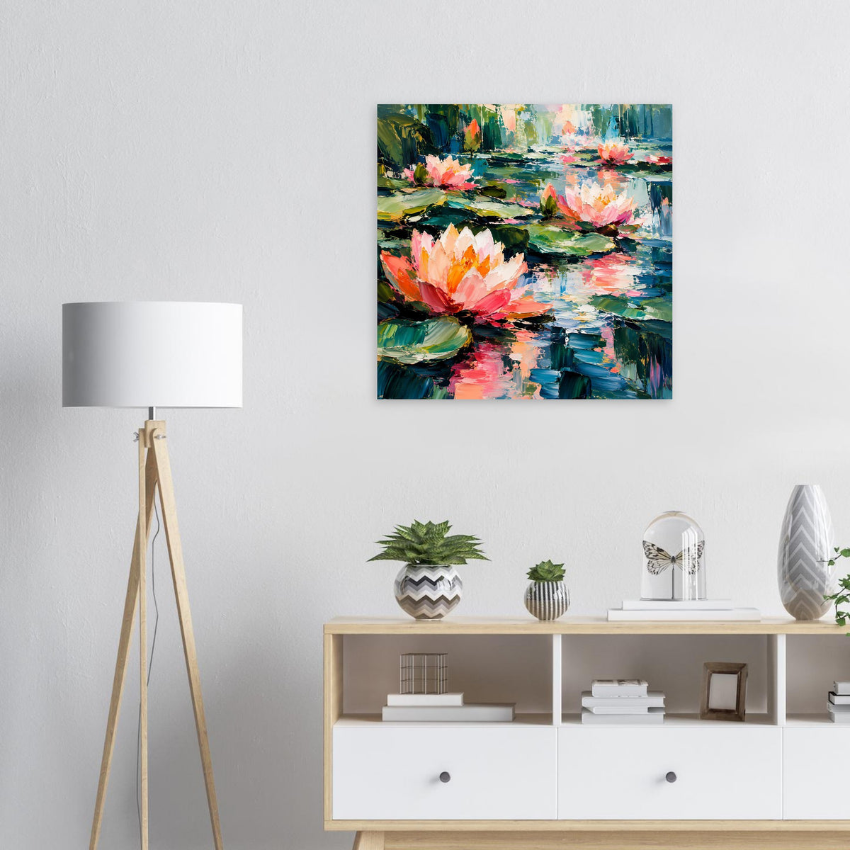 Quadratisches Seerosen-Poster mit bunten Blüten in Rosa, Grün und Blau