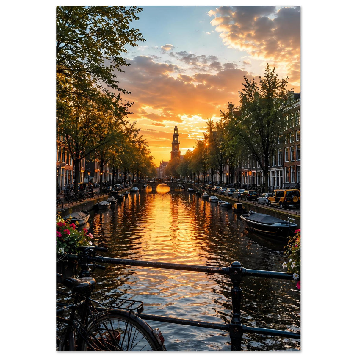 Poster Sonnenuntergang am Kanal mit Booten, Häusern und Fahrradrad unten links