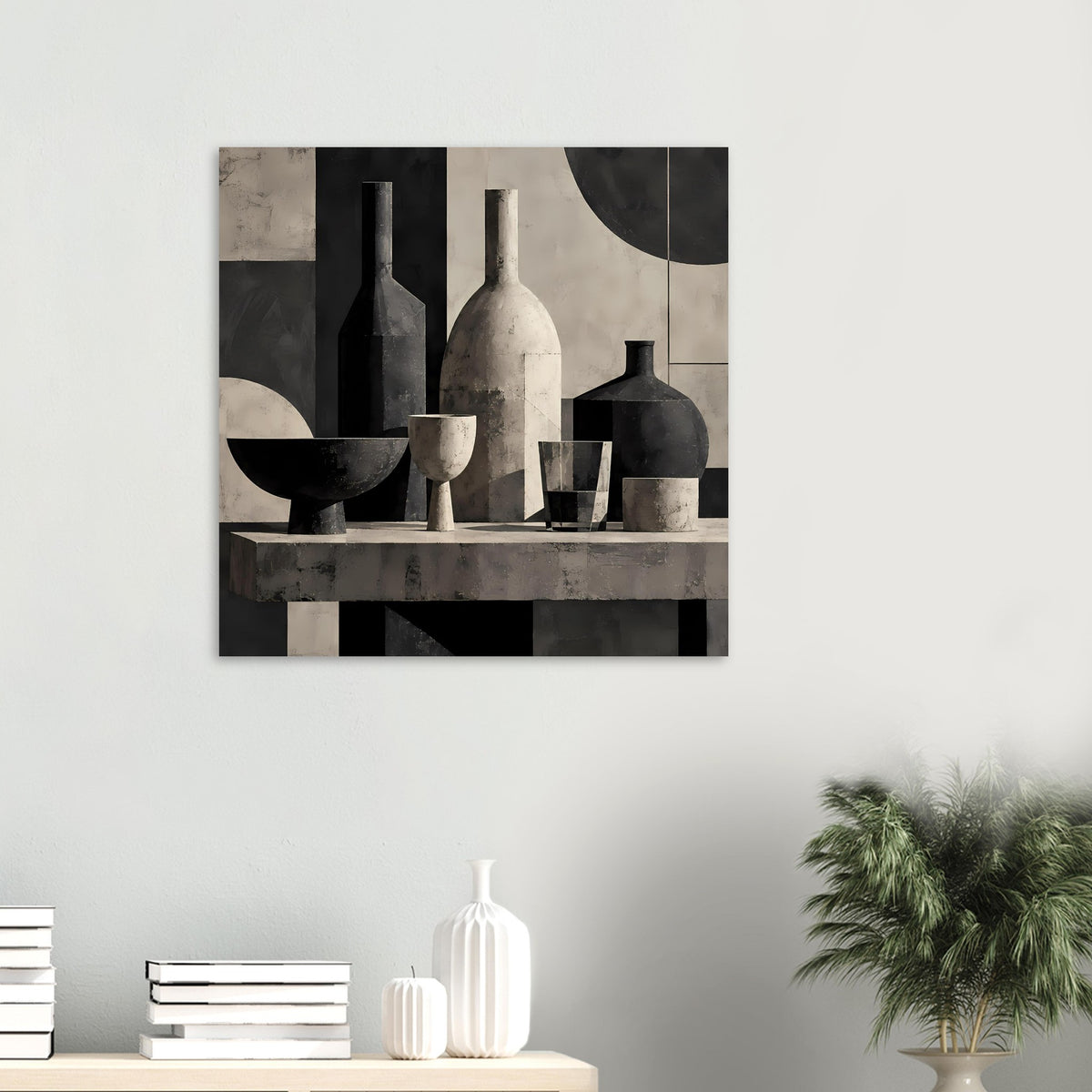 Still-Life-Poster Querformat mit schwarzen und beigen Vasen und Gläsern auf Konsole