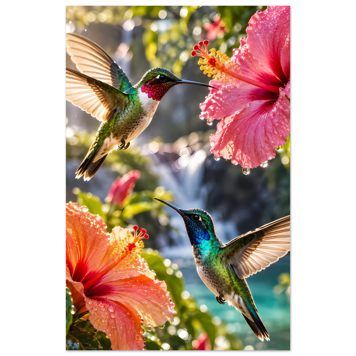 Poster mit Kolibri im Flug und pinken Hibiskusblüten, weiteres Motiv an den Rändern