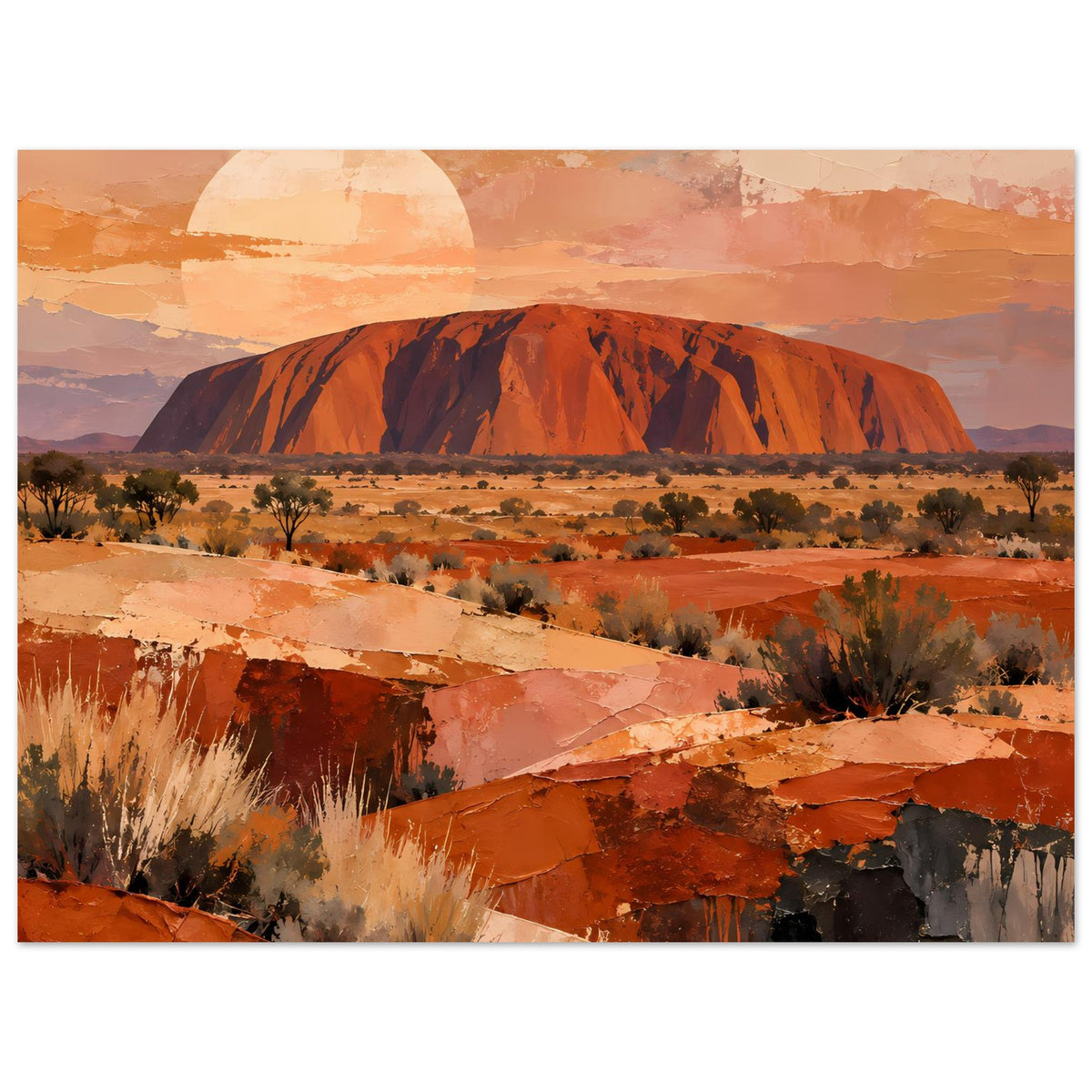 Wüstenlandschafts-Poster mit Ayers Rock, Sonne über der Wüste und warmen Erdtönen