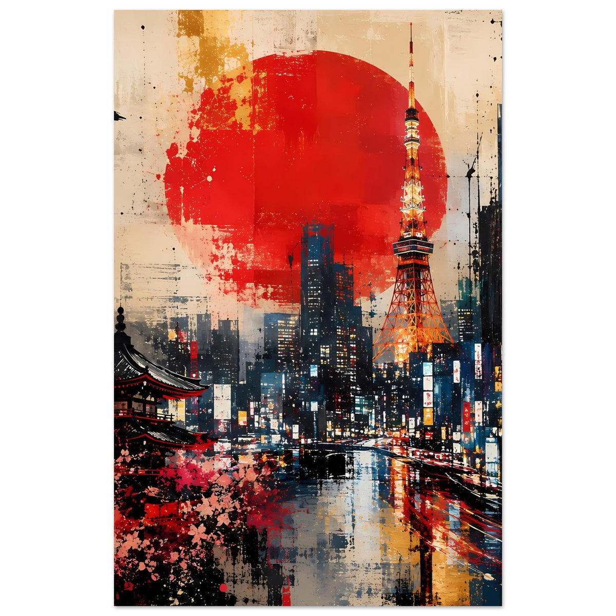 Vertikales Skyline-Poster mit roter Sonne, Tokyo Tower, Fluss und leuchtenden Hochhäusern