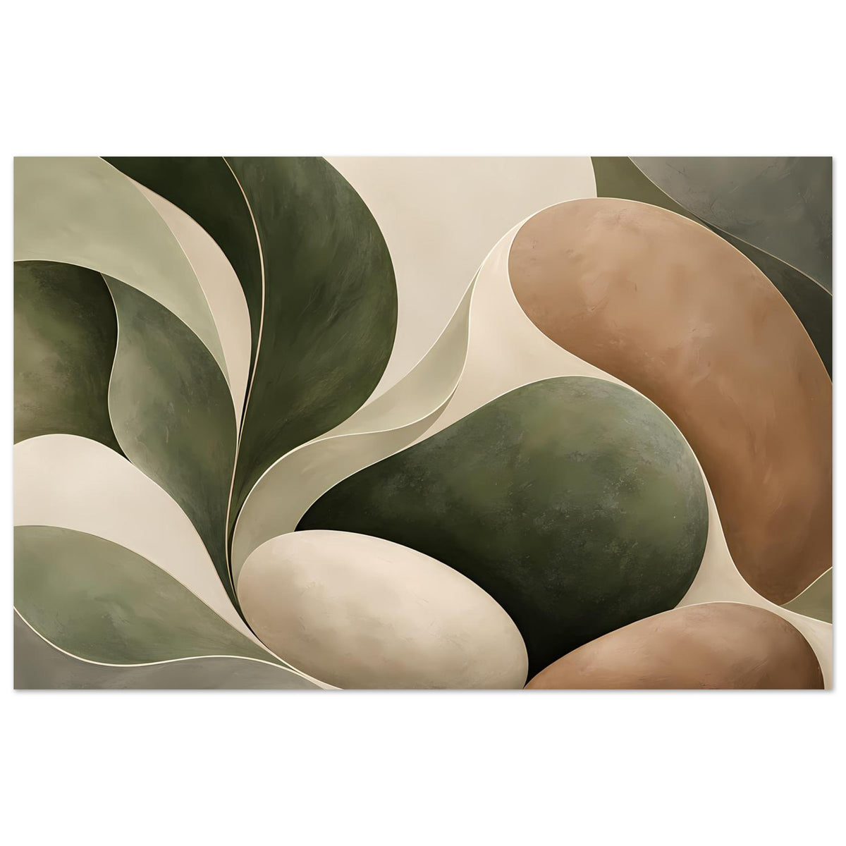 Querformat Poster mit abstrakten Wellen und Blättern in Olivgrün, Beige und Braun