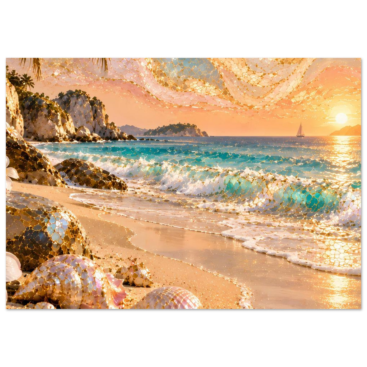 Poster Strandbild mit goldenen Mosaik-Akzenten: Muscheln, Wellen und untergehende Sonne