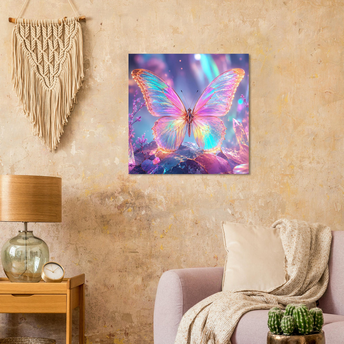 Fantasy-Poster mit Regenbogen-Schmetterling zwischen Kristallen, buntem Lichtbogen
