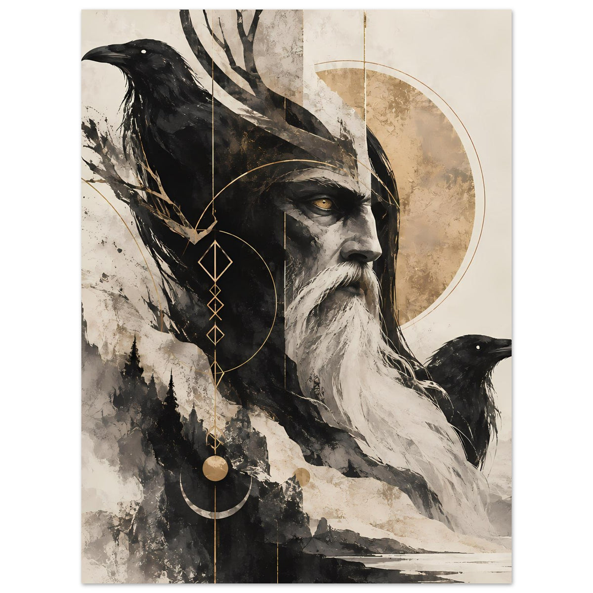 Kunstposter mit Bartporträt, schwarzer Krähe rechts und goldenen Schmuckelementen