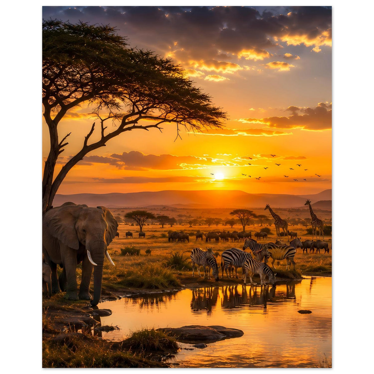 Savannen-Poster mit großen Elefanten links und Zebras am Wasser, rechts Giraffen