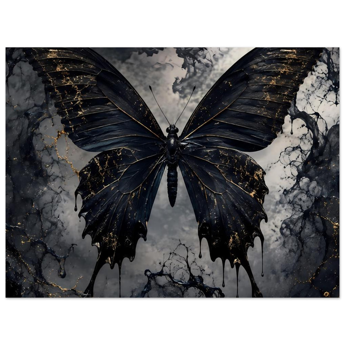 Poster mit schwarzem Schmetterling, goldenen Adern und marmoriertem Hintergrund im Querformat