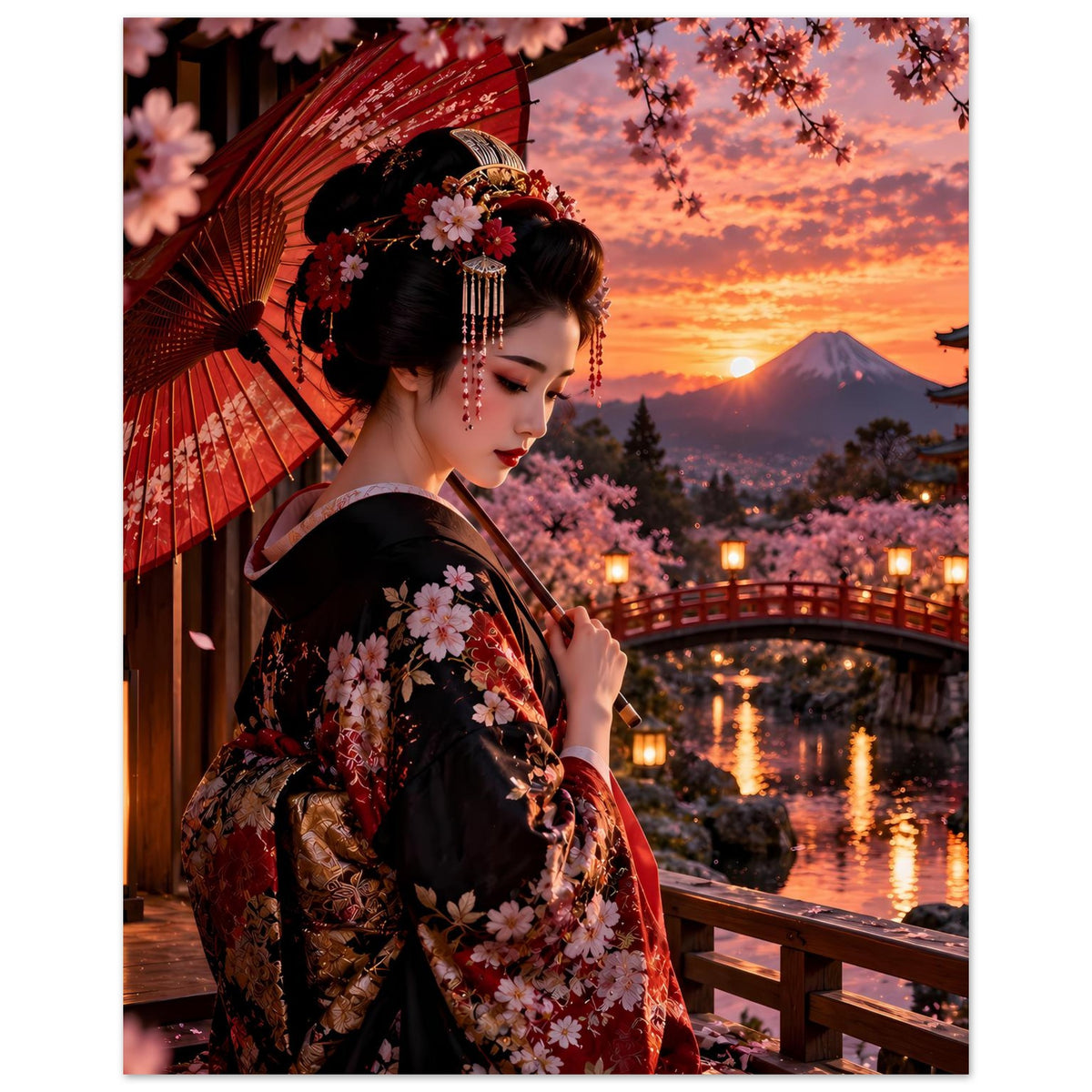 Poster: Porträt einer Frau im dunklen Kimono mit Kirschblüten, roter Fächer und Landschaft