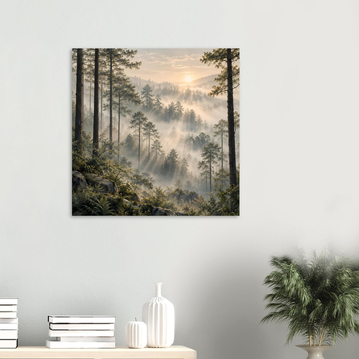 Waldlandschafts-Poster (klein, quadratisch) mit Morgennebel, Nadelbäumen und Sonnenlicht