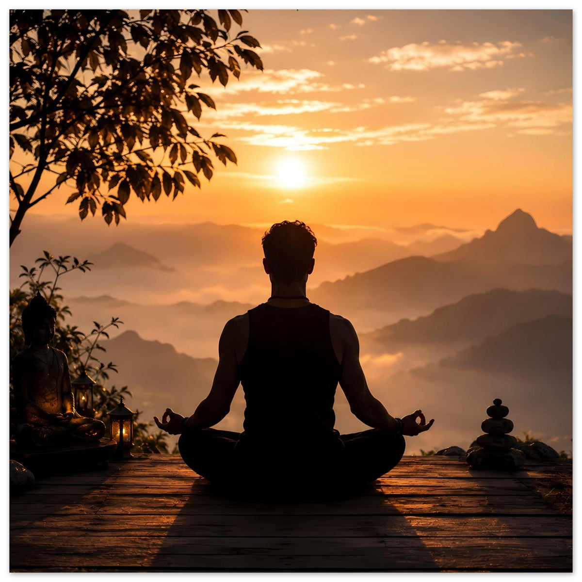 Meditationsposter mit sitzender Silhouette, warmes Abendlicht, Landschaft mit Bergen und Holzweg