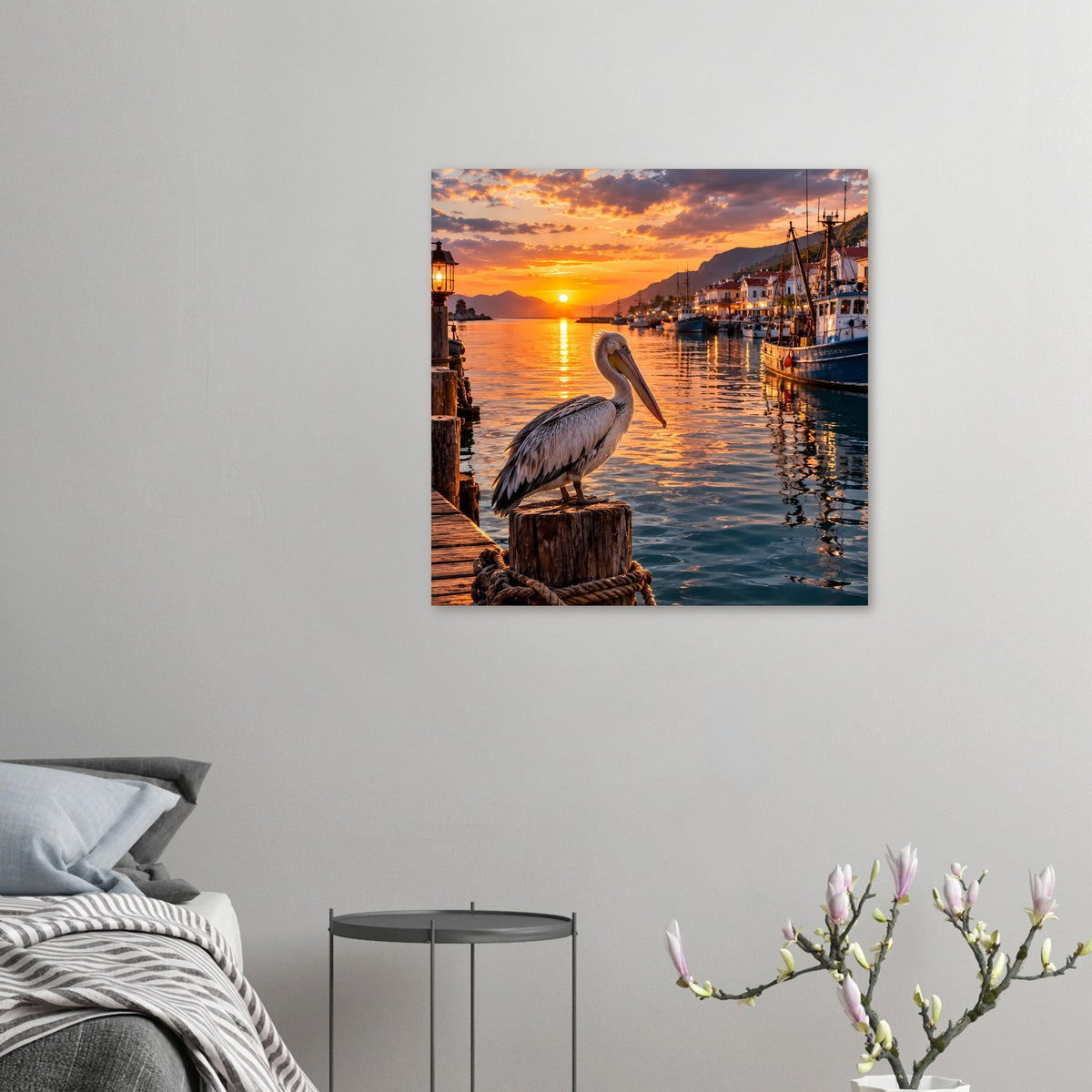 Kleines Wandposter mit Pelikan am Hafen bei Sonnenuntergang