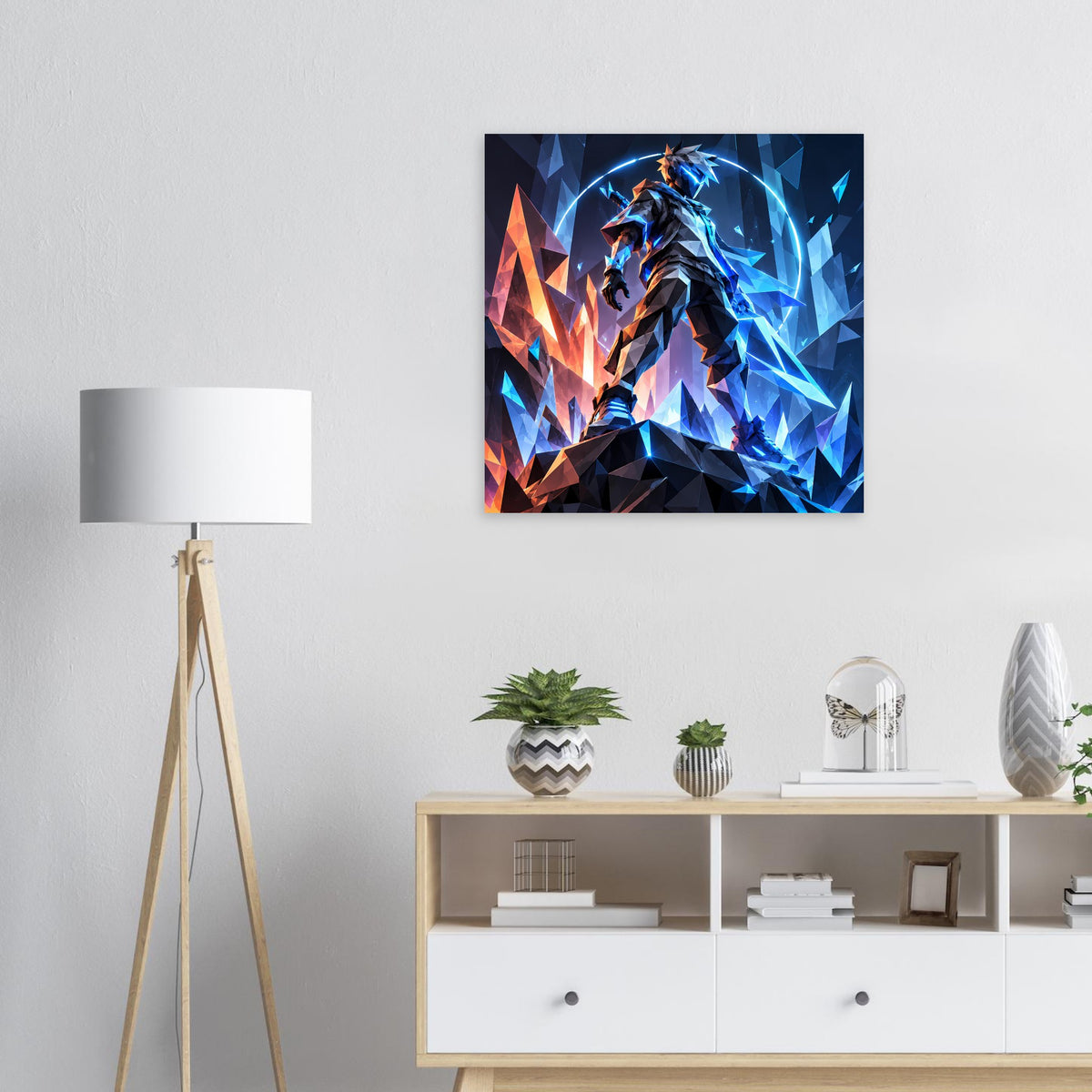 Quadratisches Wandposter mit futuristischem Krieger, leuchtend in Blau und Orange, abstrakte Splitter
