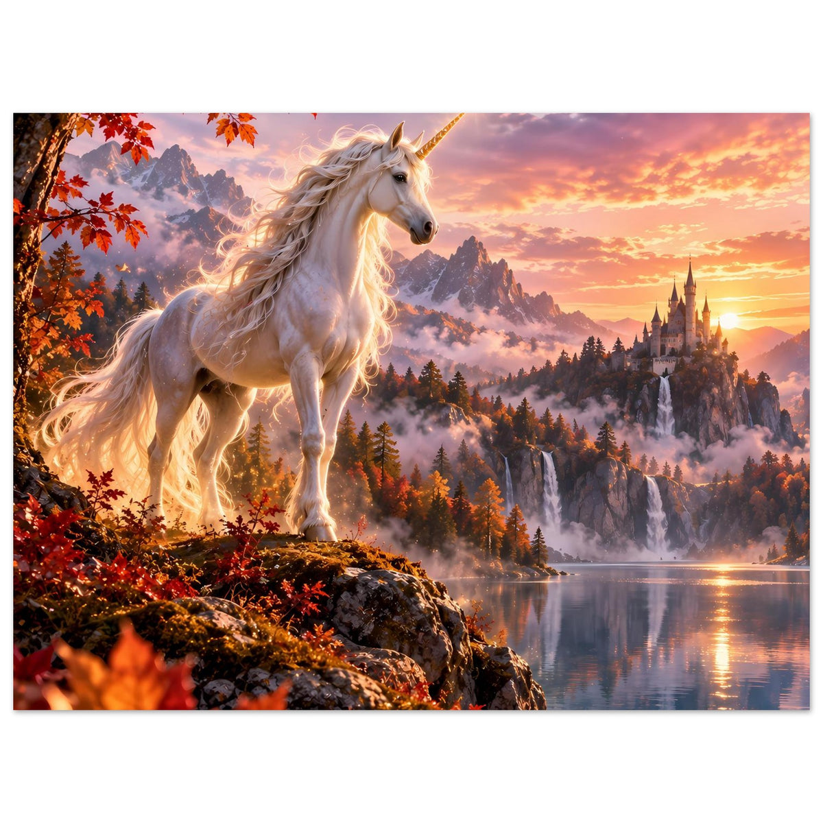 Einhorn-Fantasyposter: weißes Einhorn auf Felsen vor Herbstwald, Schloss und See bei Sonnenuntergang
