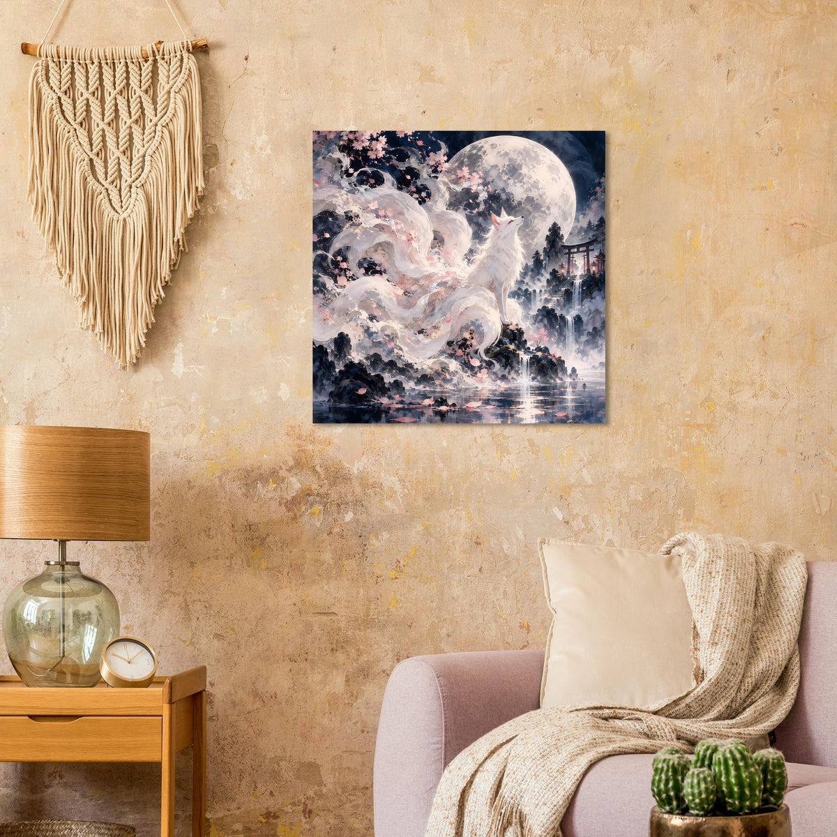Quadratisches Wandposter mit weißem Fuchs im Vollmondlicht, Kirschblüten und Wasserreflex