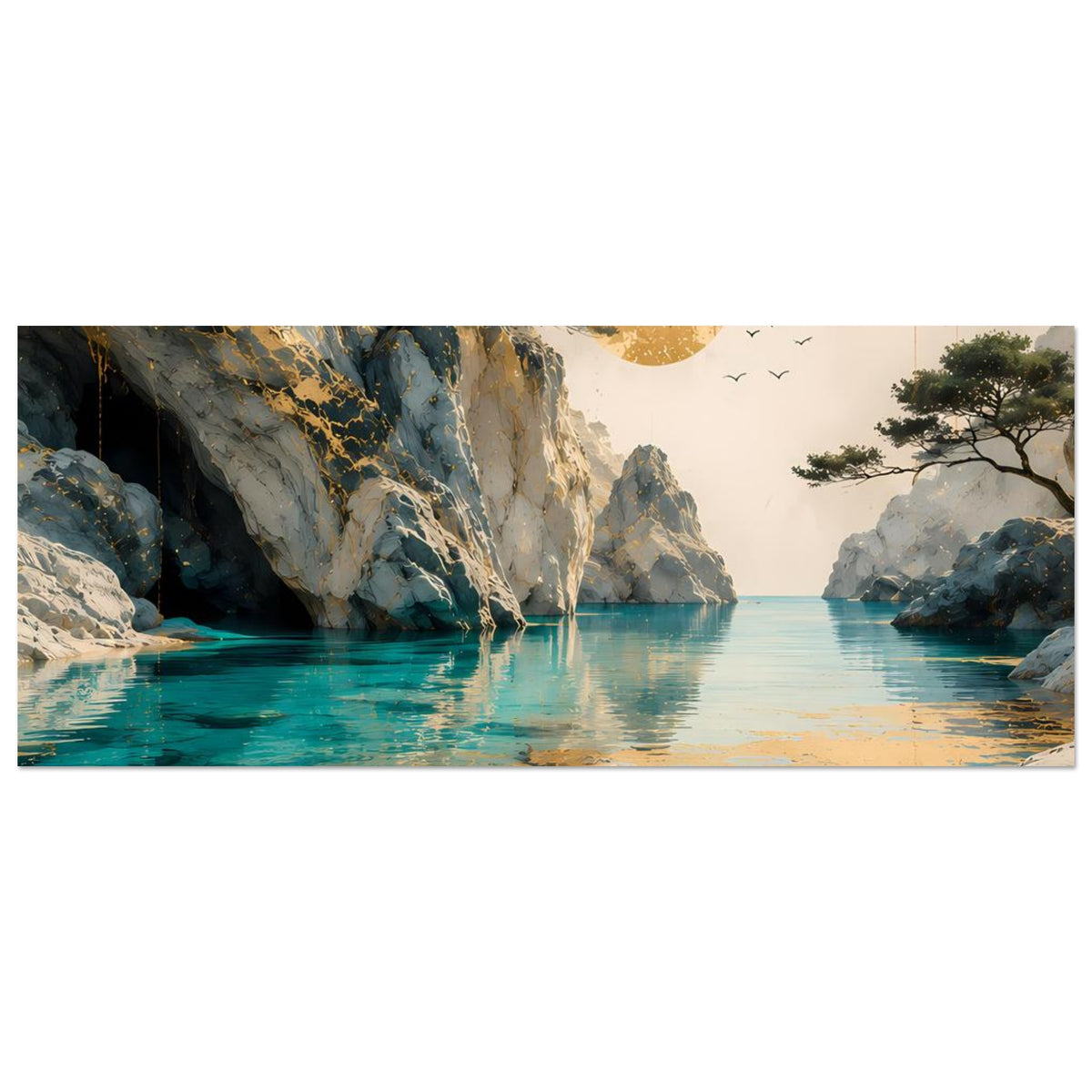 Querformatiges Poster mit ruhigem Meer, hellen Felsen, Baumast, goldener Sonne