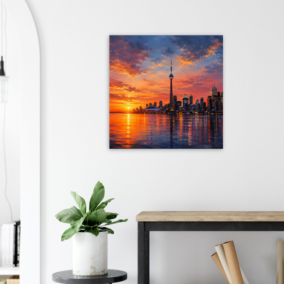 Poster mit Skyline bei Sonnenuntergang, Fluss und markantem Fernsehturm.