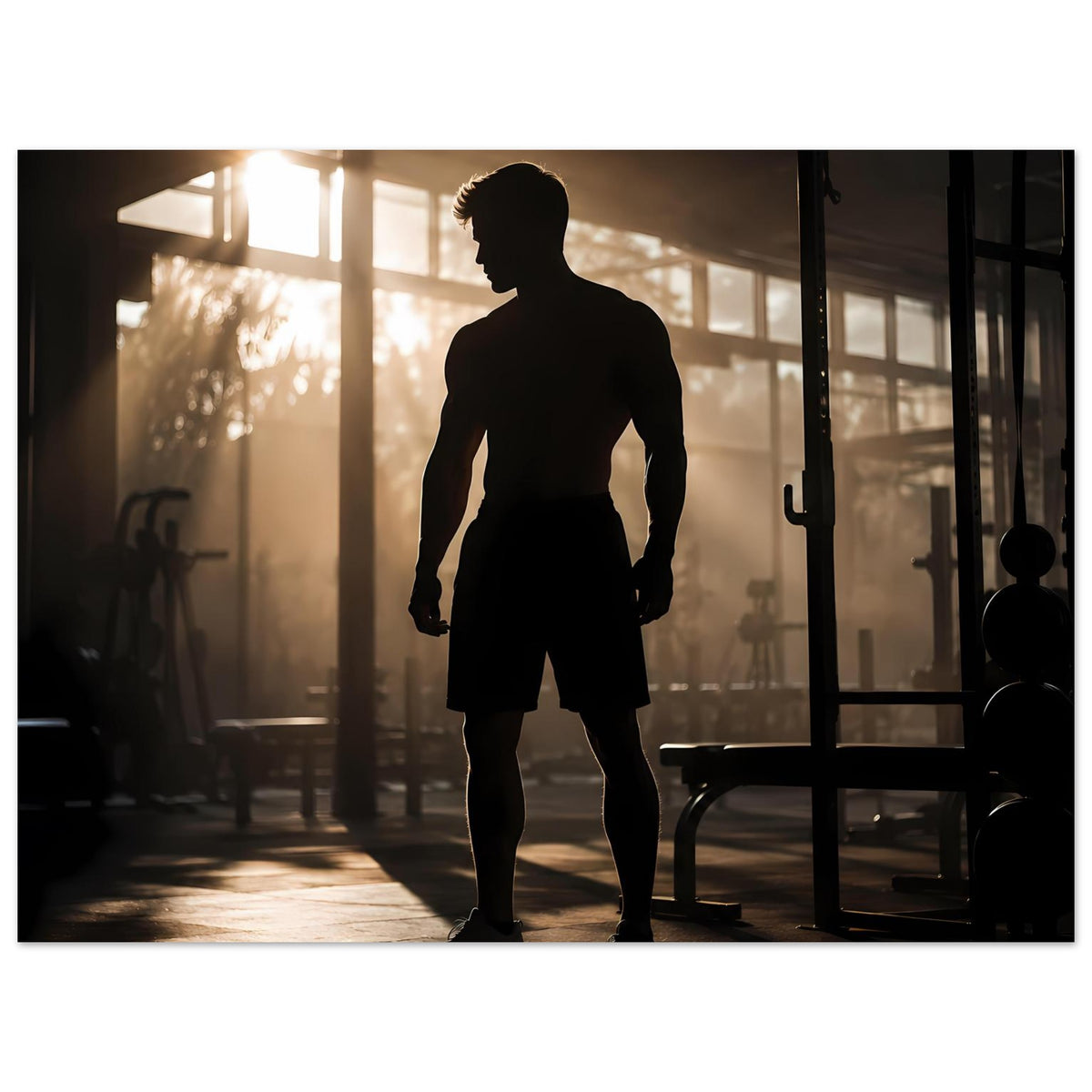 Fitness-Poster: Sportler-Silhouette mit Shorts, große dunkle Figur im Hochformat