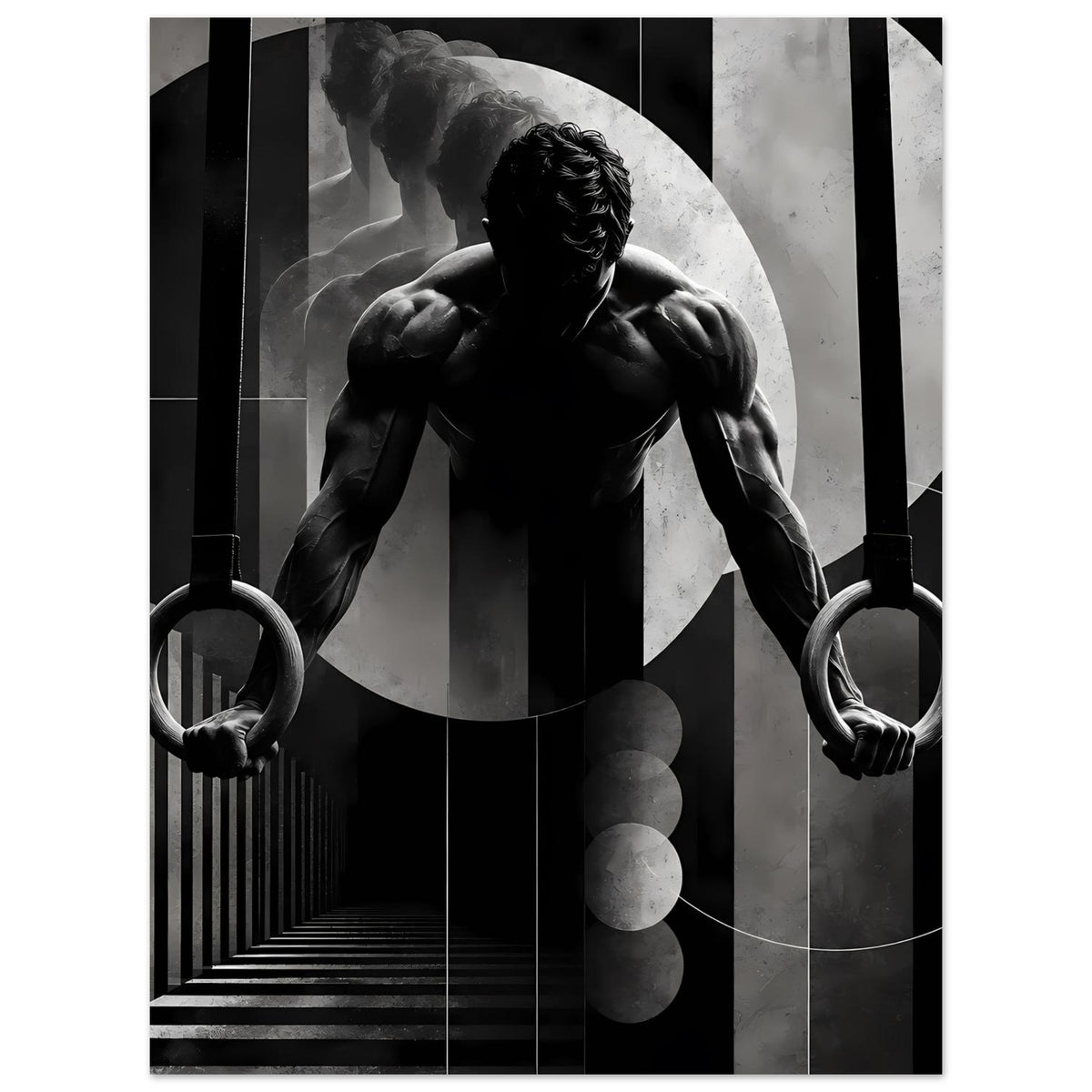 Schwarzweißposter mit Athletenfigur und Ringgriffen, kontrastreiche Architekturformen