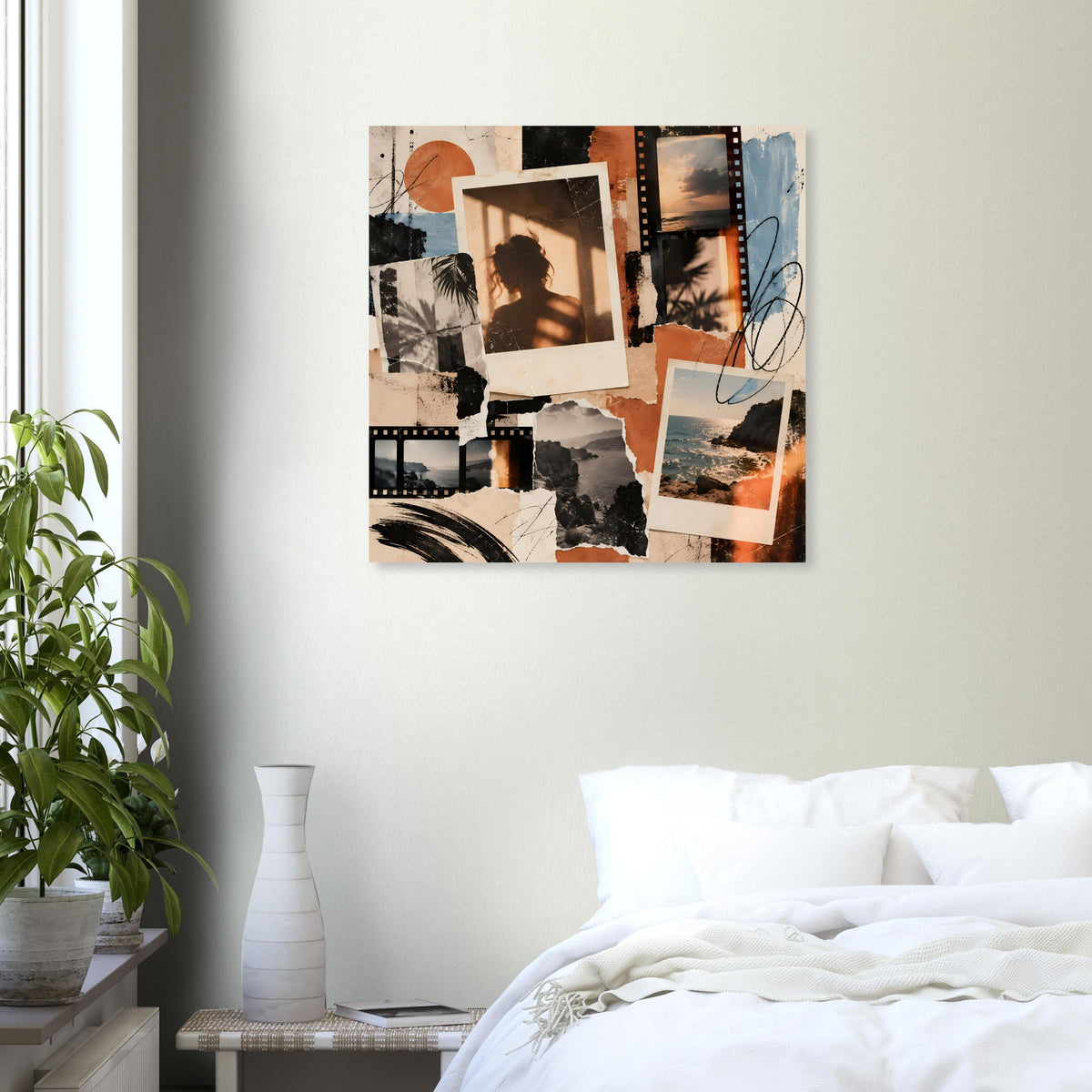 Wandposter mit Vintage-Fotomosaik aus Polaroids und Filmstreifen in Beige-, Orange- und Blaunuancen