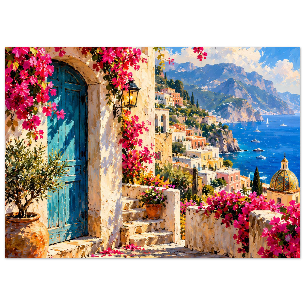 Mediterranes Poster mit blauem Torbogen, Laterne, rosa Blumen, Meerblick und Küste