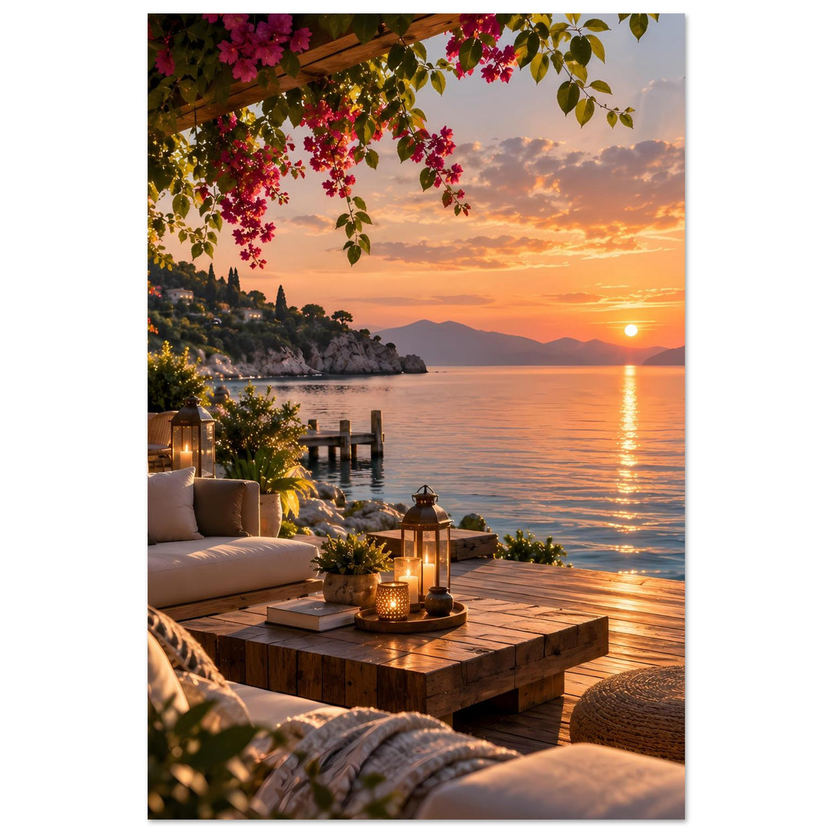 Hochkant-Poster: Terrasse am Wasser mit Holztisch, Laternen und roten Blütenranken