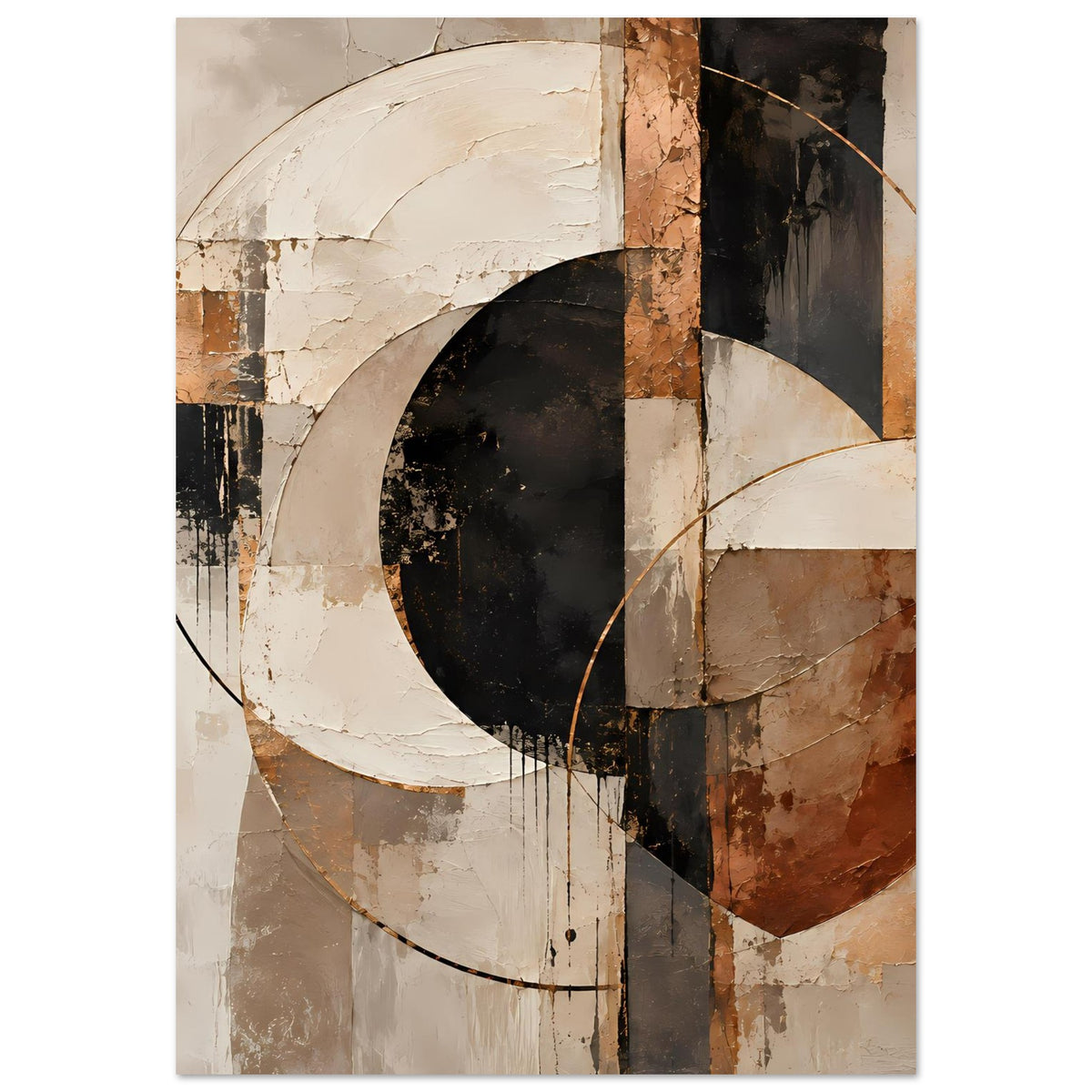 Abstraktes Kunstposter, Hochformat, geometrische Formen mit Kreisring in warmen Erdtönen