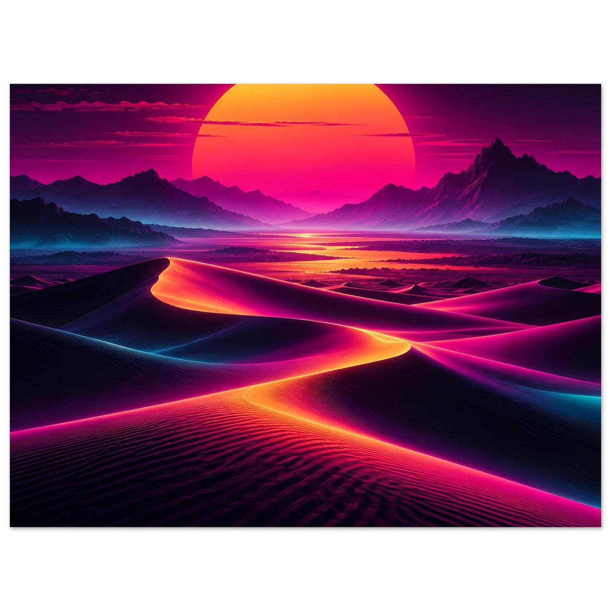 Neon-Poster im Querformat mit großer Sonne, violetten Bergen und pink-blauen Lichttrassen im Sand