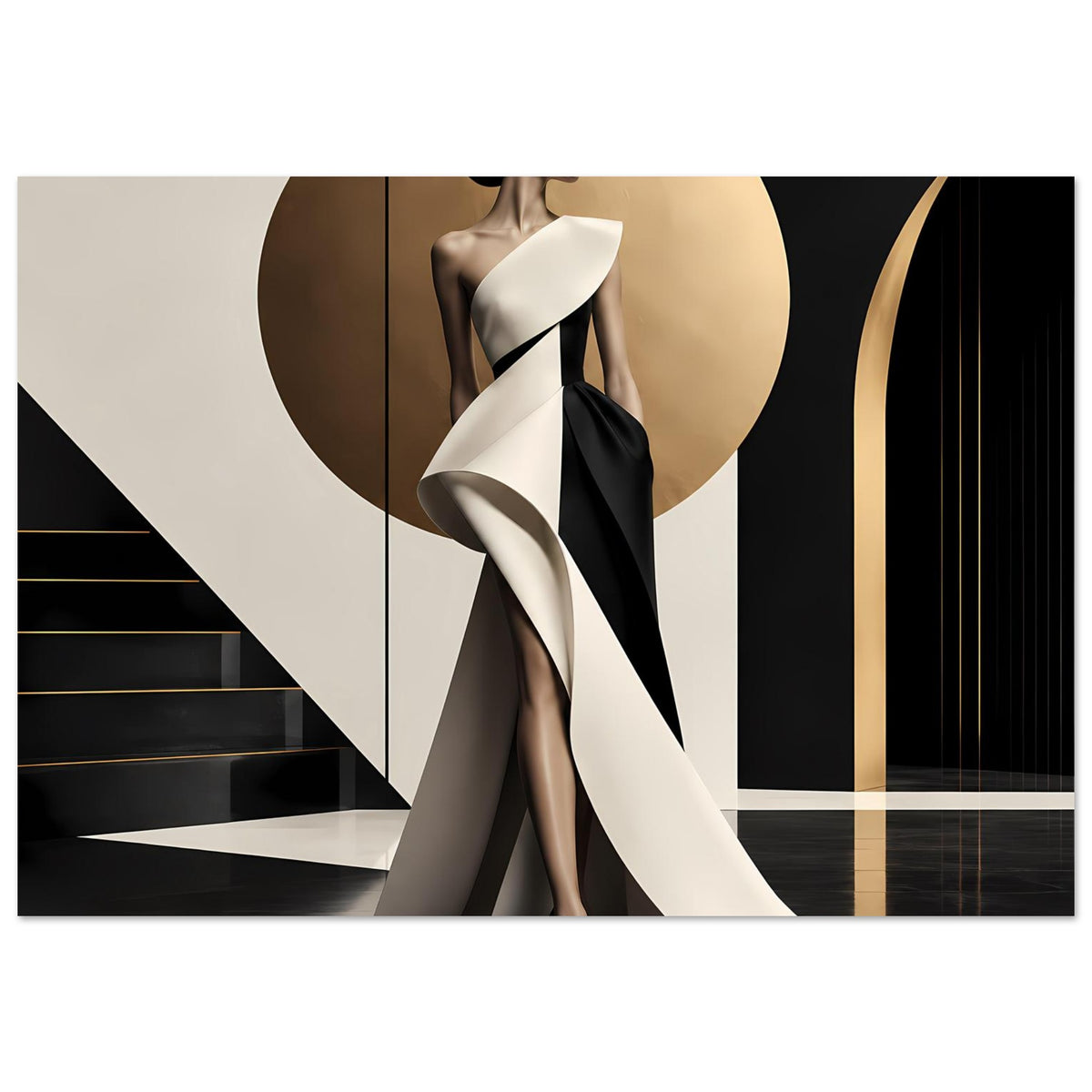 Wandposter mit stilisierter Frau, weiß-schwarzem Kleid und weitem, seitlichem Stoffwurf.