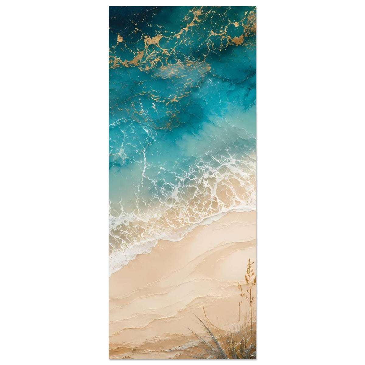 Hochformat-Küstenposter mit türkisblauem Wasser, weißem Schaum und beigem Strand