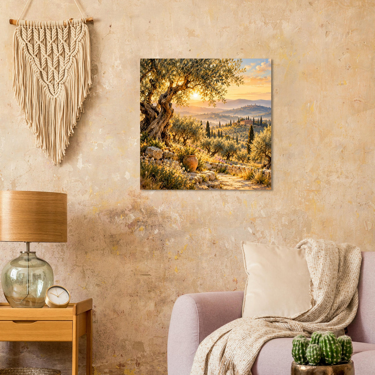 Quadratisches Poster mit mediterraner Landschaft und Sonnenuntergang zwischen Hügeln