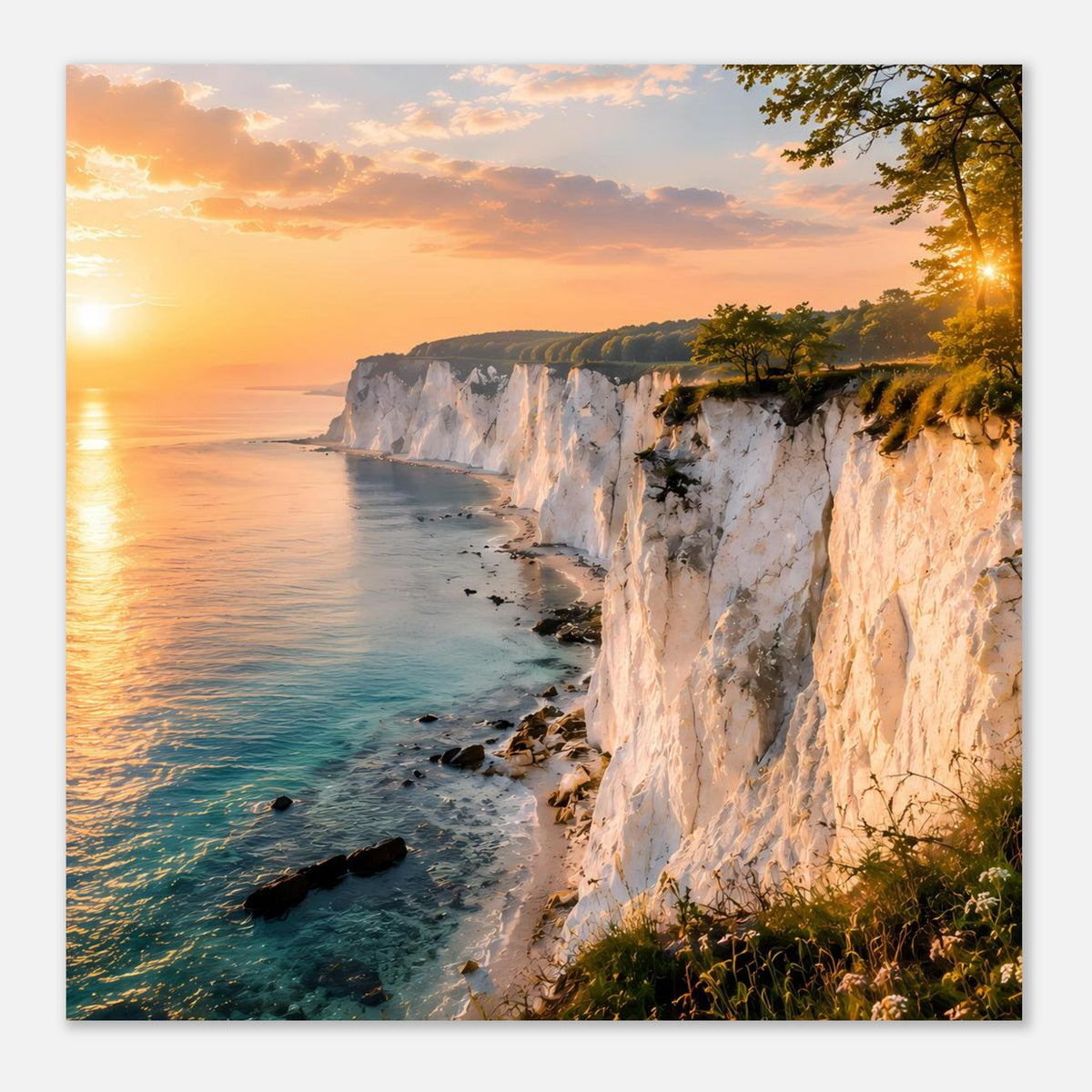 Querformat-Poster mit weißen Felsen an der Küste und Sonnenuntergang über dem Meer