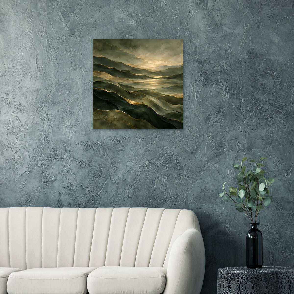 Landschafts-Poster mit grünen Hügeln und goldener Abendsonne, quadratischer Druck