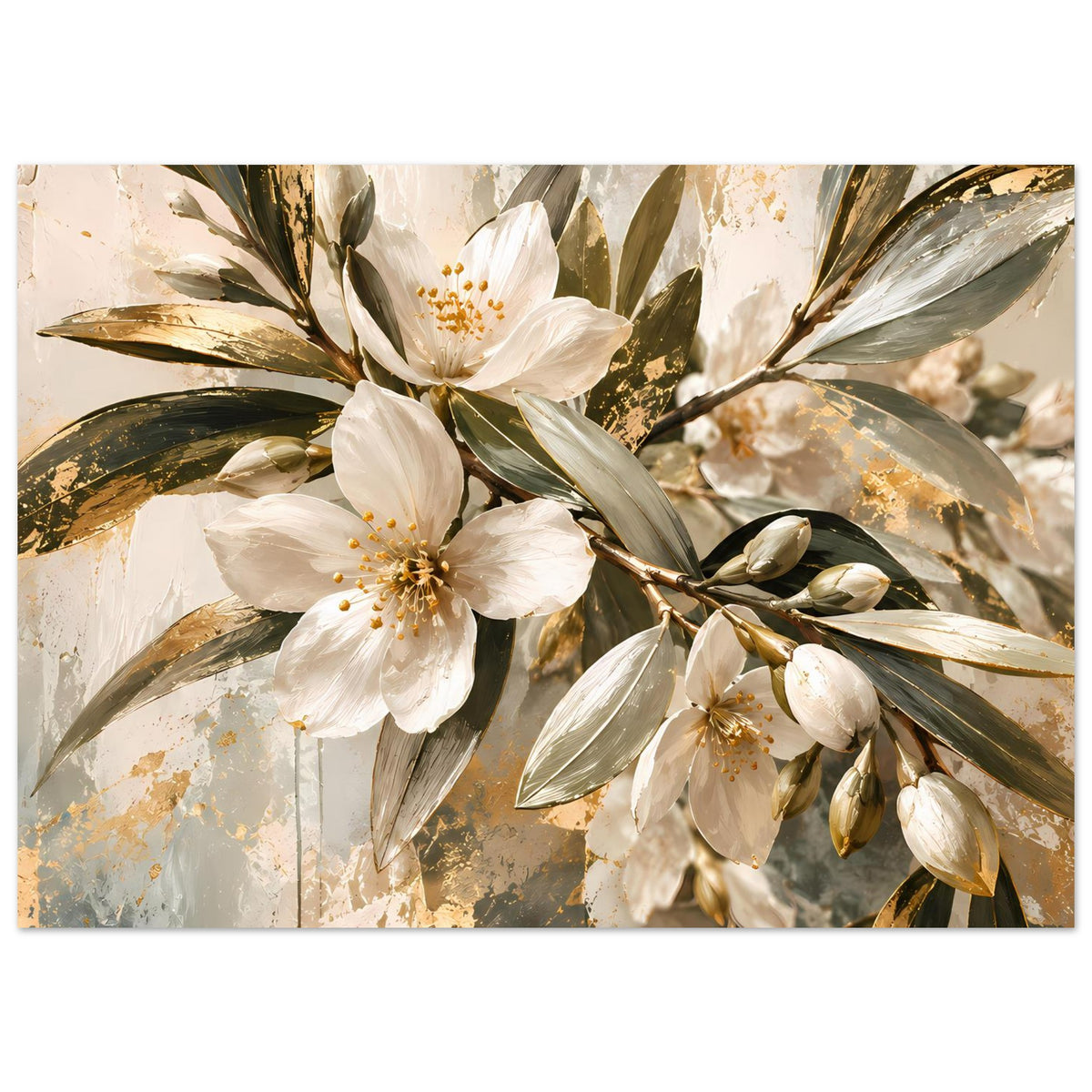 Horizontales Blumenposter mit weißen Blüten, grünen Blättern und goldfarbenen Highlights