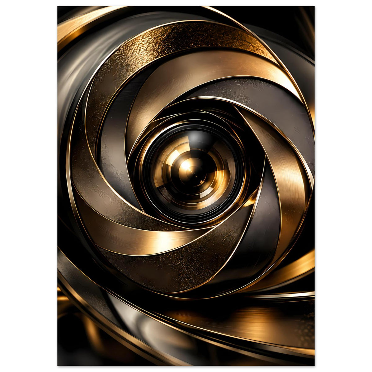 Abstraktes Poster mit gold-silbernen Spiralkurven und dunklen konzentrischen Ringen
