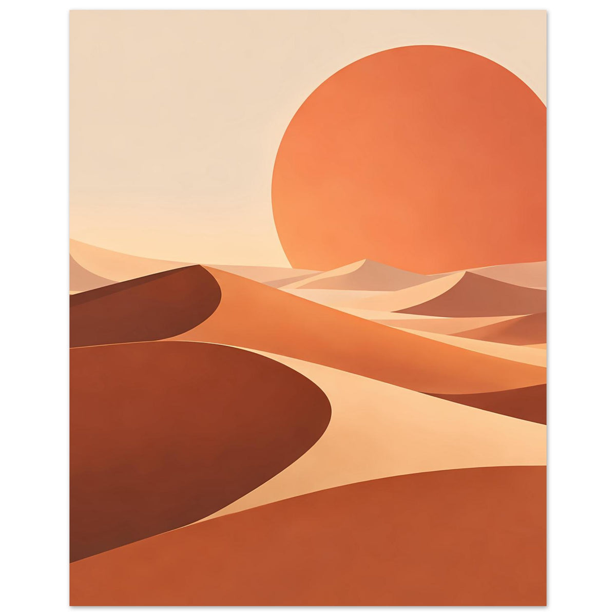 Vertikales Poster: orange Sonne als Kreis, helle Dünen und dunkle geschwungene Schatten