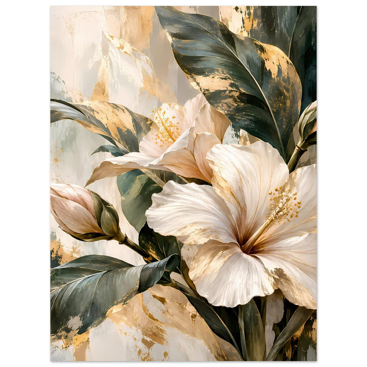 Vertikales Blumenposter: cremefarbene Blüten, goldfarbene Details und dunkelgrüne Blätter