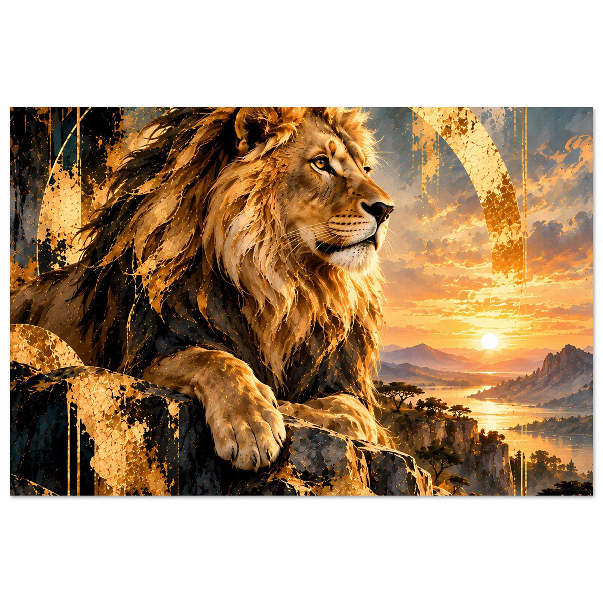 Löwen-Poster im Querformat: Löwe auf Felsvorsprung, gold-orange Sonnenuntergangsszene
