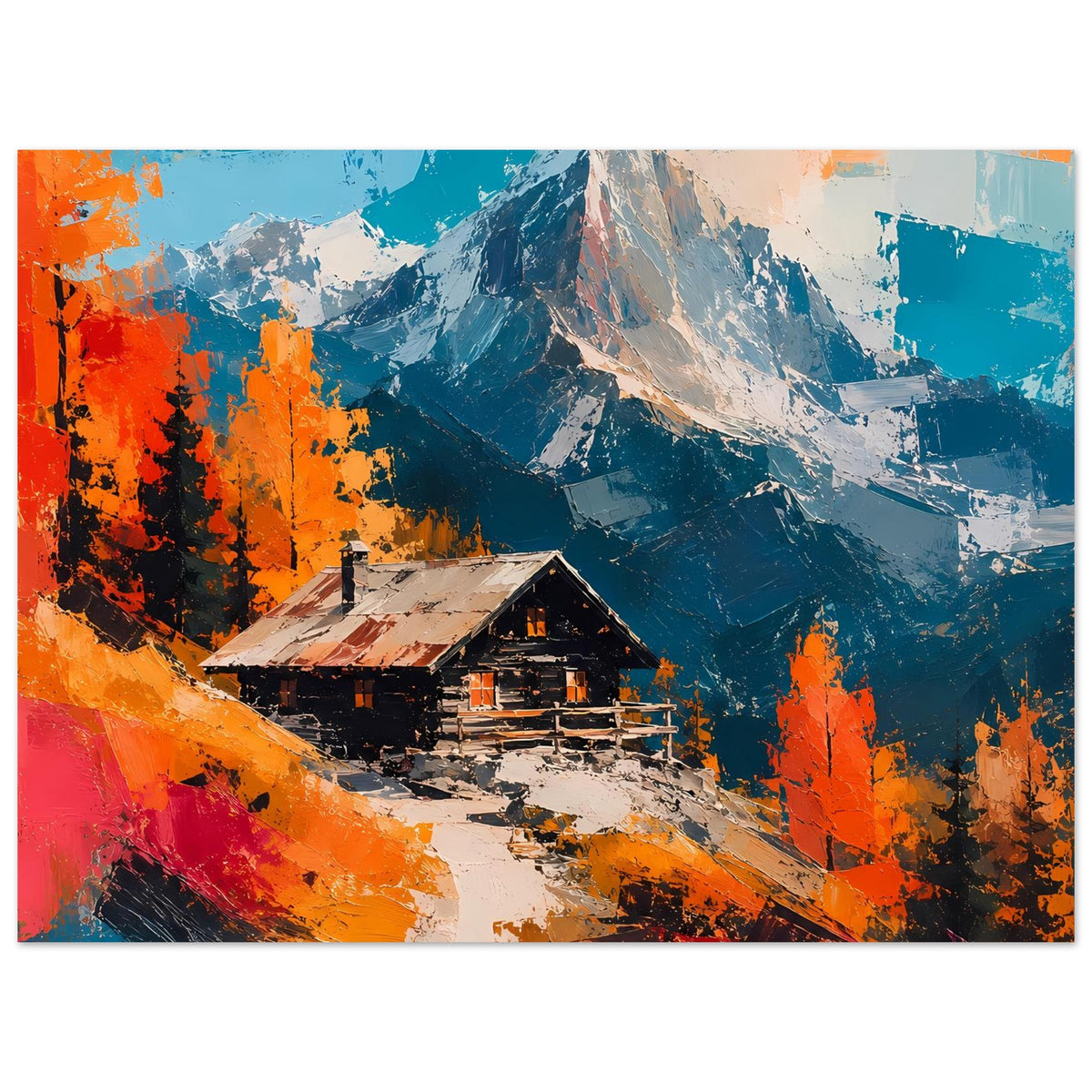 Querformat-Poster: Hütte im Tal vor dramatischen Bergen, kräftige Herbstfarben in Blau und Orange