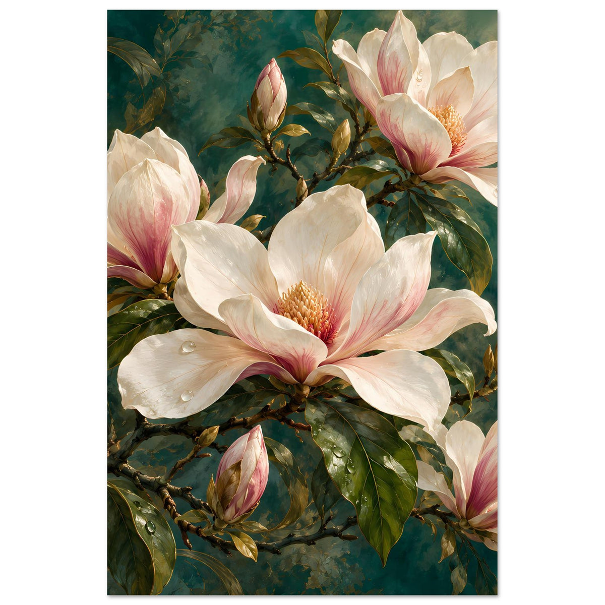 Vertikales Magnolienblüten-Poster mit cremefarbenen Blüten und rosa Akzenten an grünen Zweigen