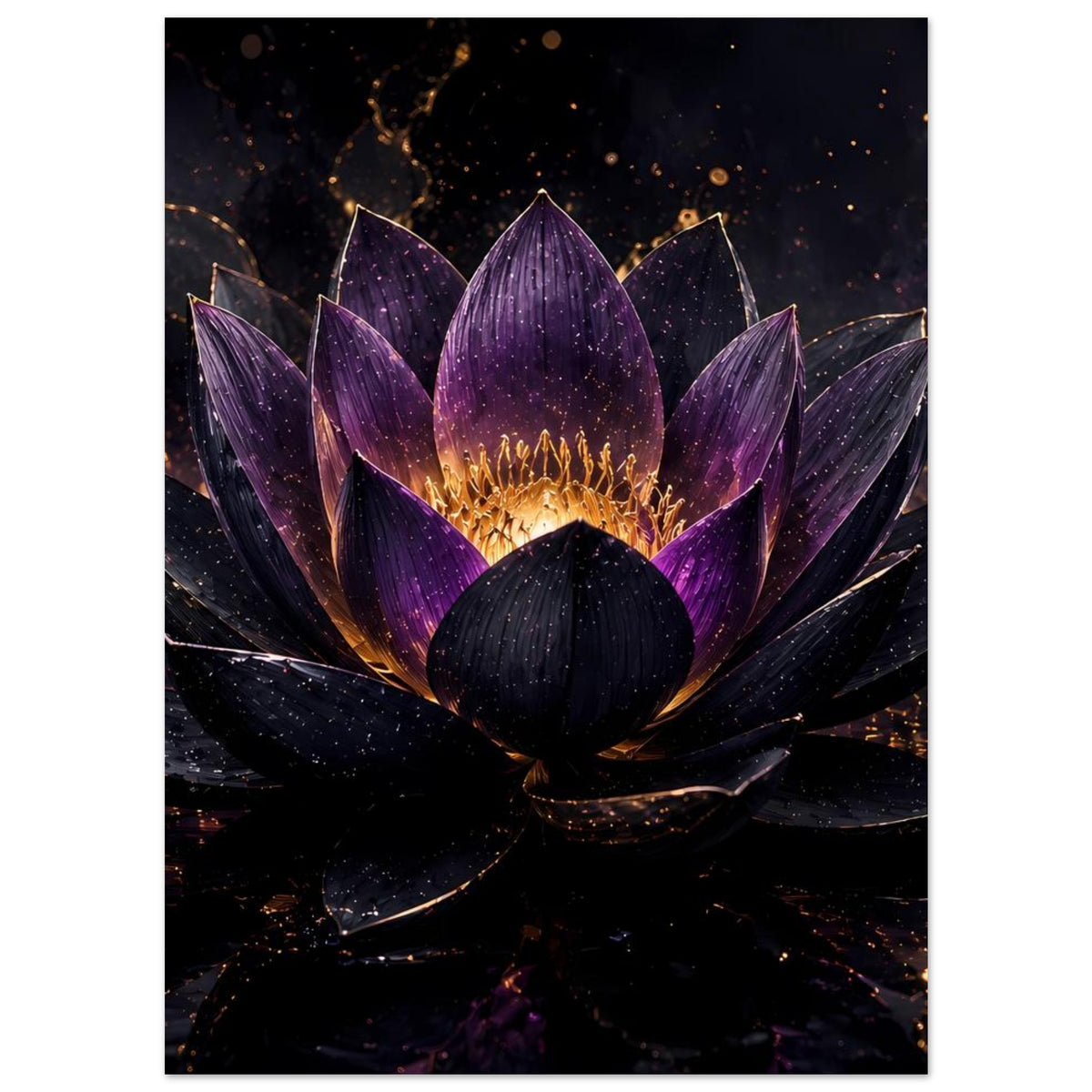 Lotusblüten-Poster im Hochformat, violett-goldene Hauptblüte mit sternförmigem Glitzer