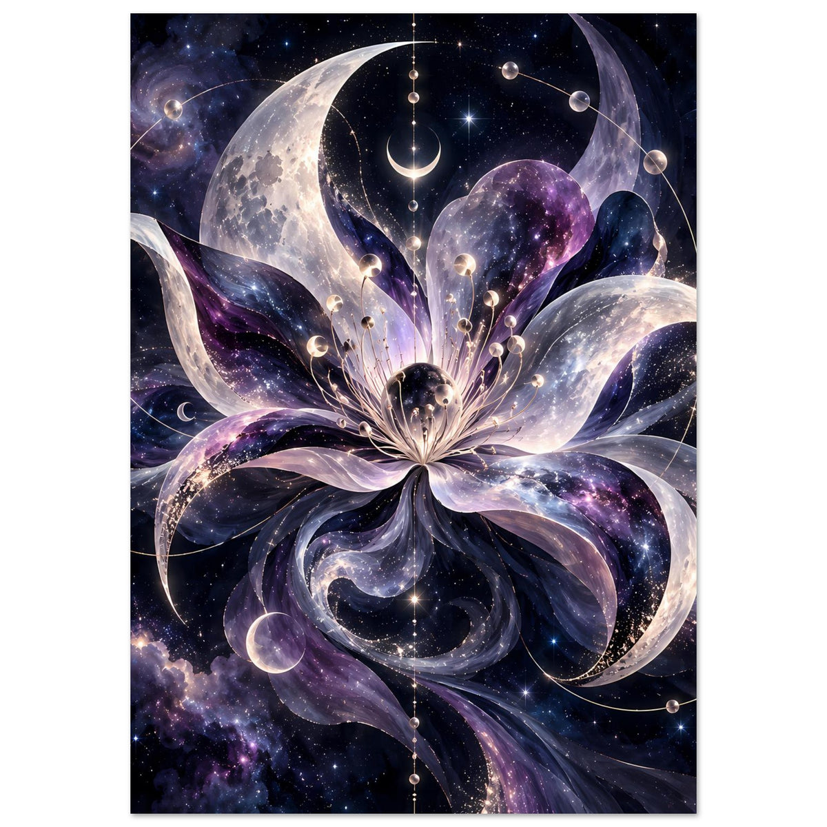Kosmische Blüte mit Monden, Planeten und Sternen in violett-blauem Weltraum – Motivansicht 28