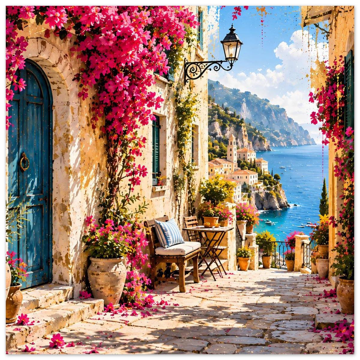 Mediterranes Poster mit pink blühenden Bäumen, Pflanzenkübeln und Aussicht auf Küste