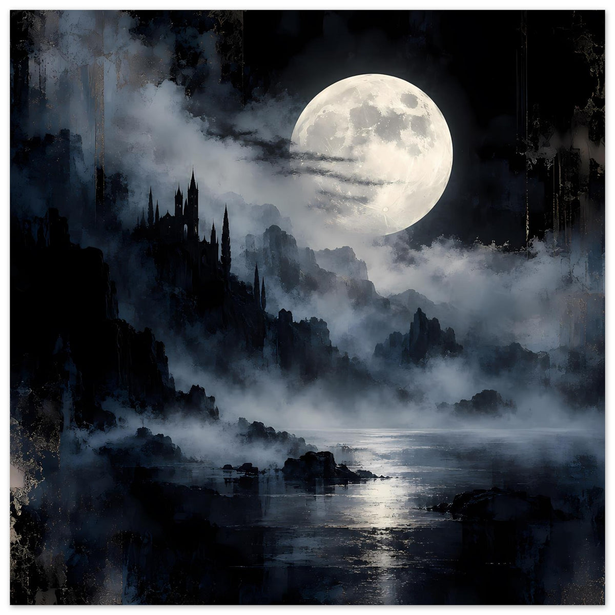 Fantasy-Landschaftsposter mit Mond über See, Nebelwolken und dunkler Schloss-/Burgsilhouette