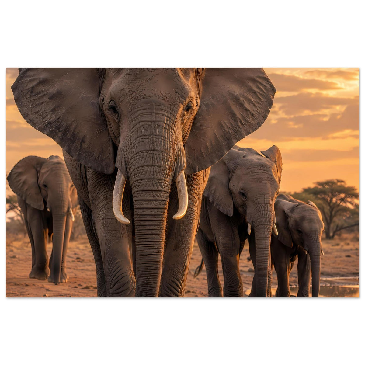 Breites Poster mit Elefantenherde: großer Vordergrund-Elefant und Gruppe dahinter