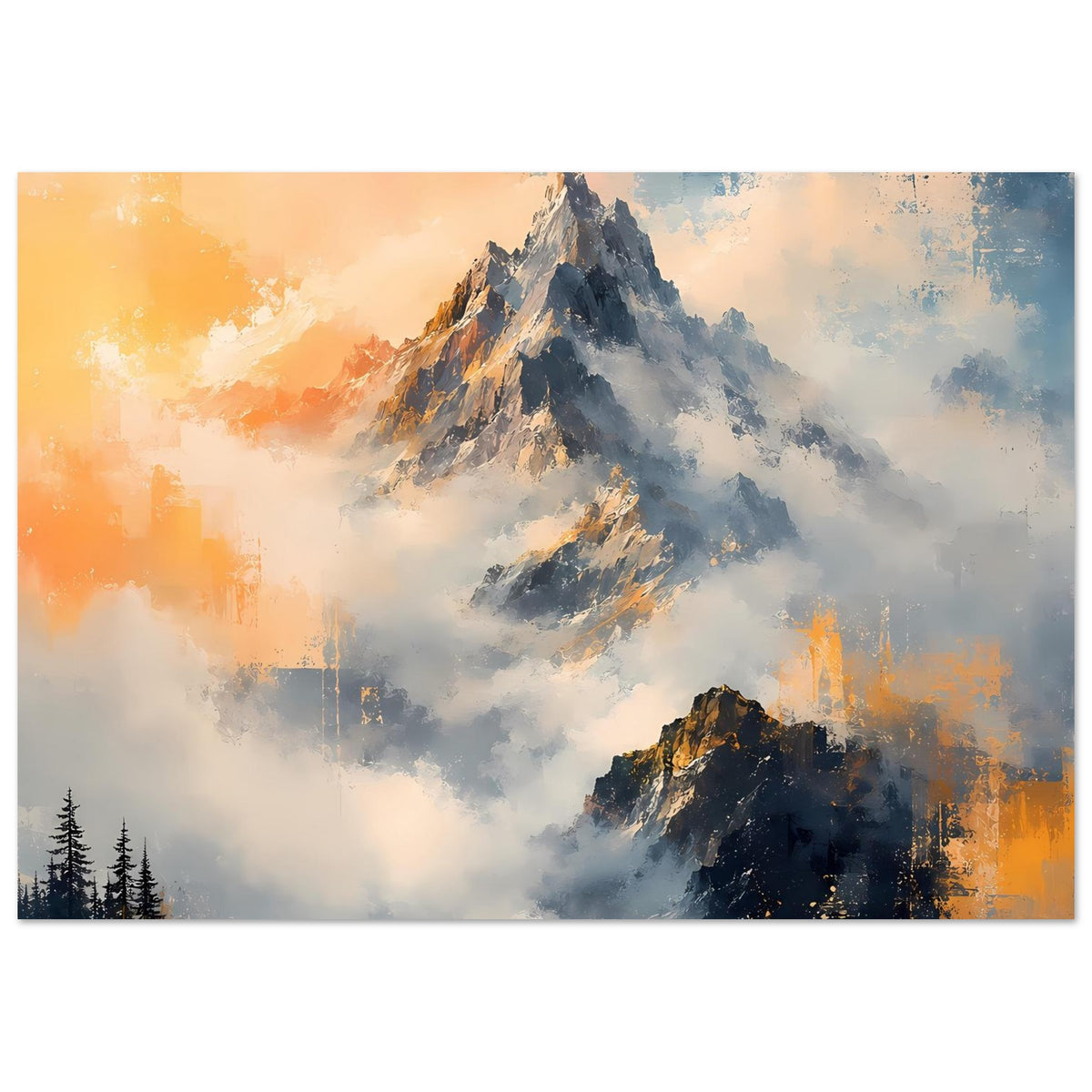 Poster mit Berggipfeln und Nebel, orangefarbener Lichtschein links, blaues Wolkenfeld rechts