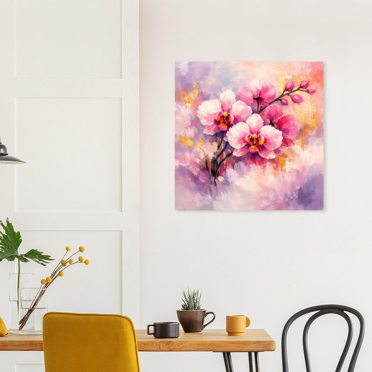 Poster mit rosa Orchideenblüten und violettem Farbverlauf, goldene Sprenkel