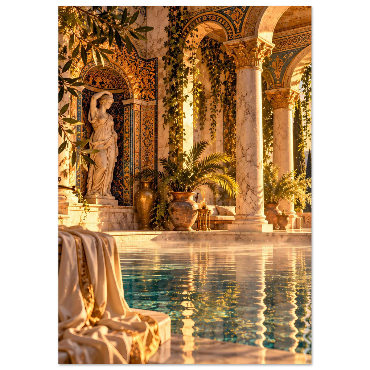 Wandposter Ausschnitt: spiegelndes Poolwasser, Säulen und Statue vor ornamentierten Nischen