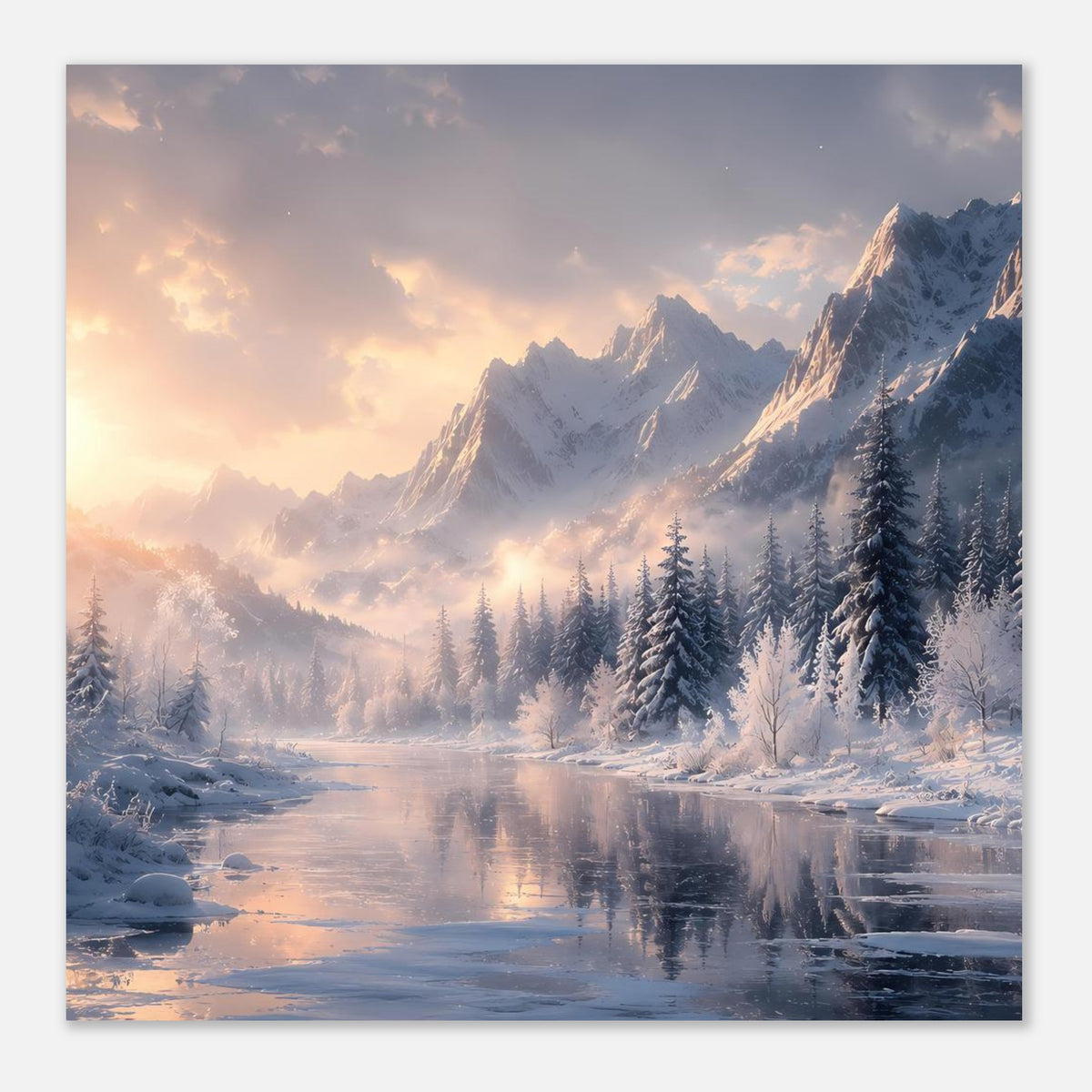 Winterlandschaftsposter mit Bergpanorama, Tannenwald und spiegelndem, zugefrorenem Wasser.